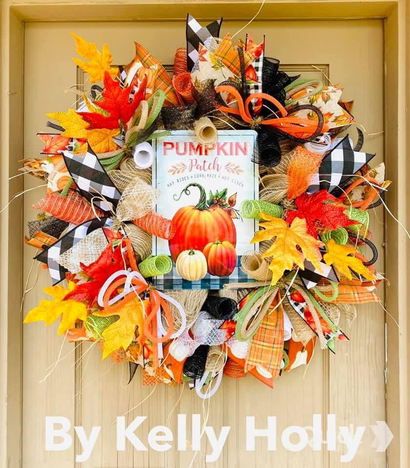 Fall Wreath-Pumpkin patch black/white check