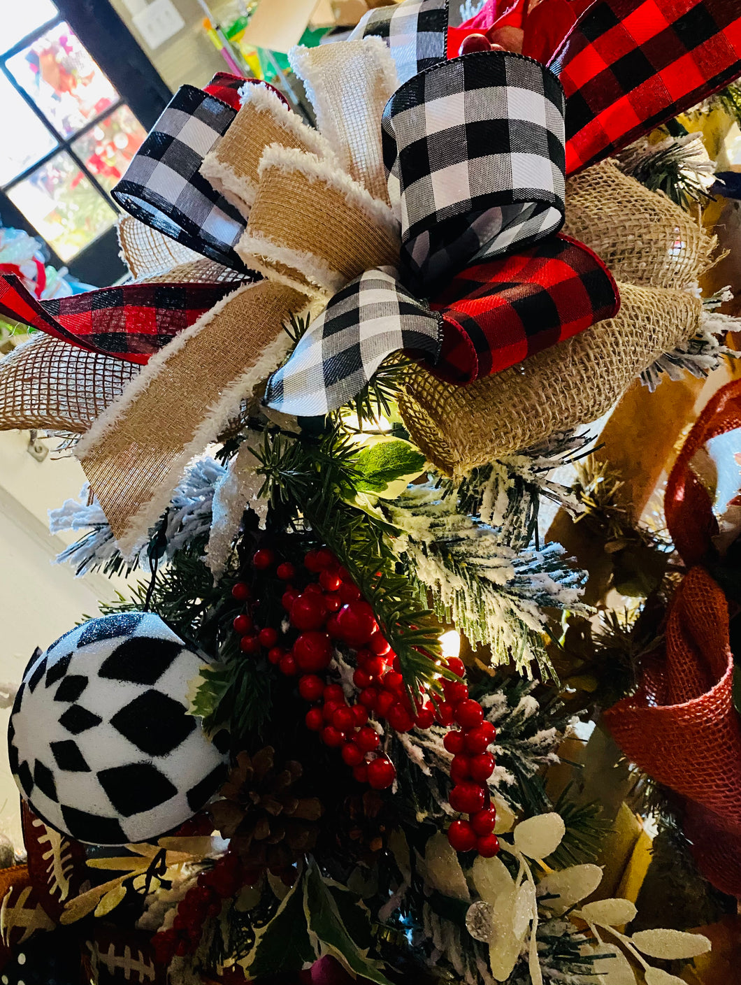 Christmas Flocked Garland prelit, Buffalo plaid burlap rustic