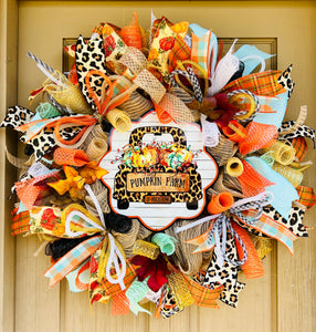 Fall Wreath-Leopard pumpkin farm truck